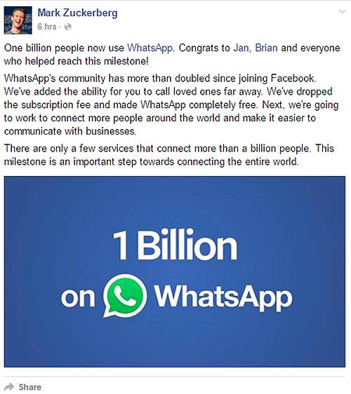 WhatsApp hits 1 billion users
